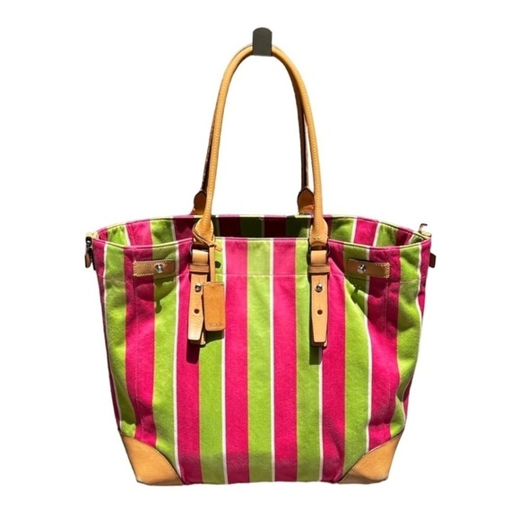 🌻Tumi Hot Pink & Neon Green Leather & Picclic Fabric Tote Bag Size Large - Picture 2 of 12